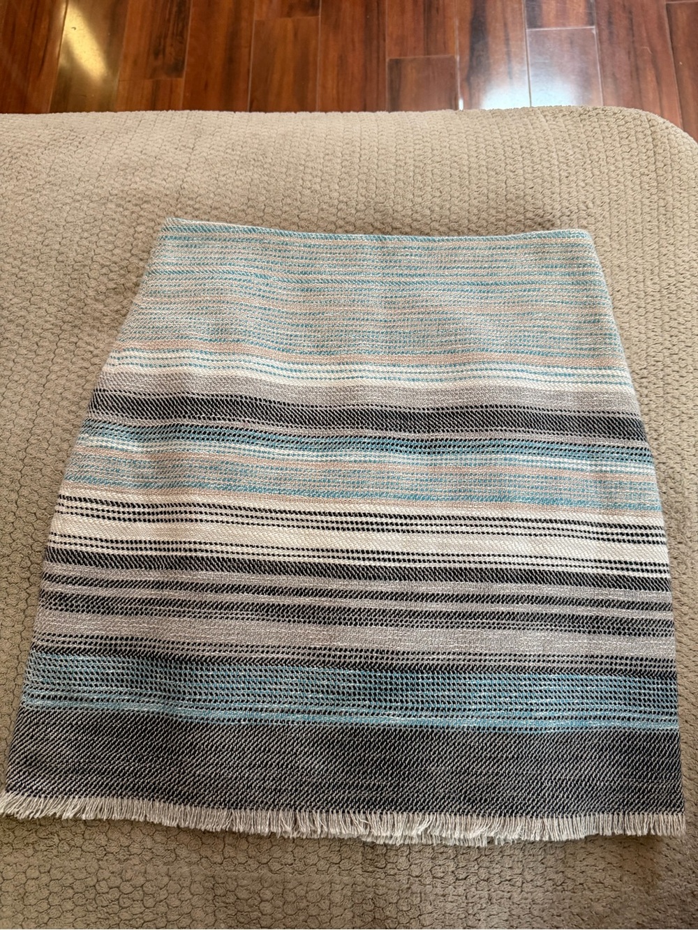 LOFT Striped Pencil Skirt in Light Blue, Black & White with Fringe Hem